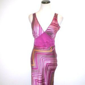 STE 212 100% silk dress Pink zig zag bias cut midi v back S